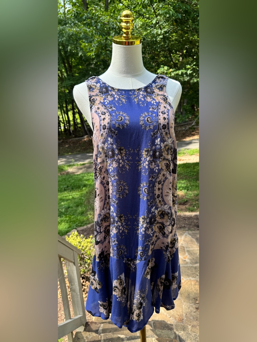 Free People Floral Flouncy Hem Mini Dress Scoop Back Blue Paisley Size M